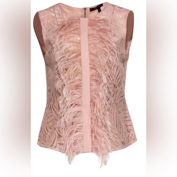 BCBG Max Azria Meg Crochet Lace Peplum Sleeveless Top with Ostrich Feathers, XXS - Picture 1 of 6